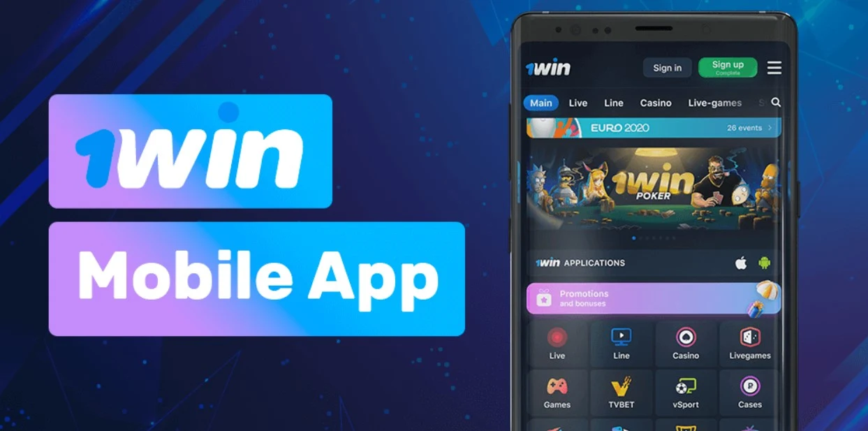 1Win Mobile App Immagine principale con il telefono.