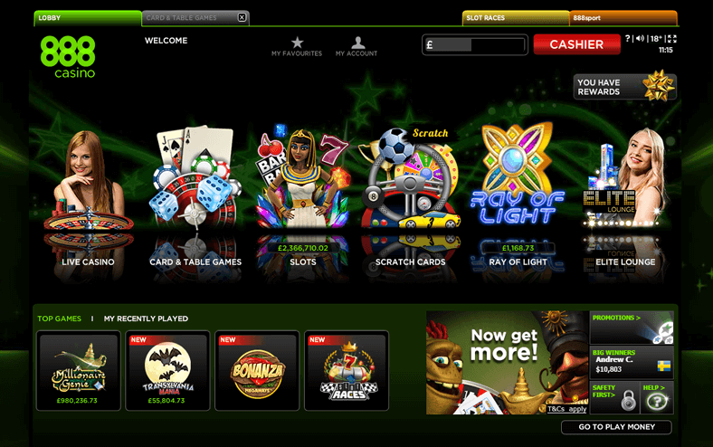 Lobby do site do cassino 888 com jogos.