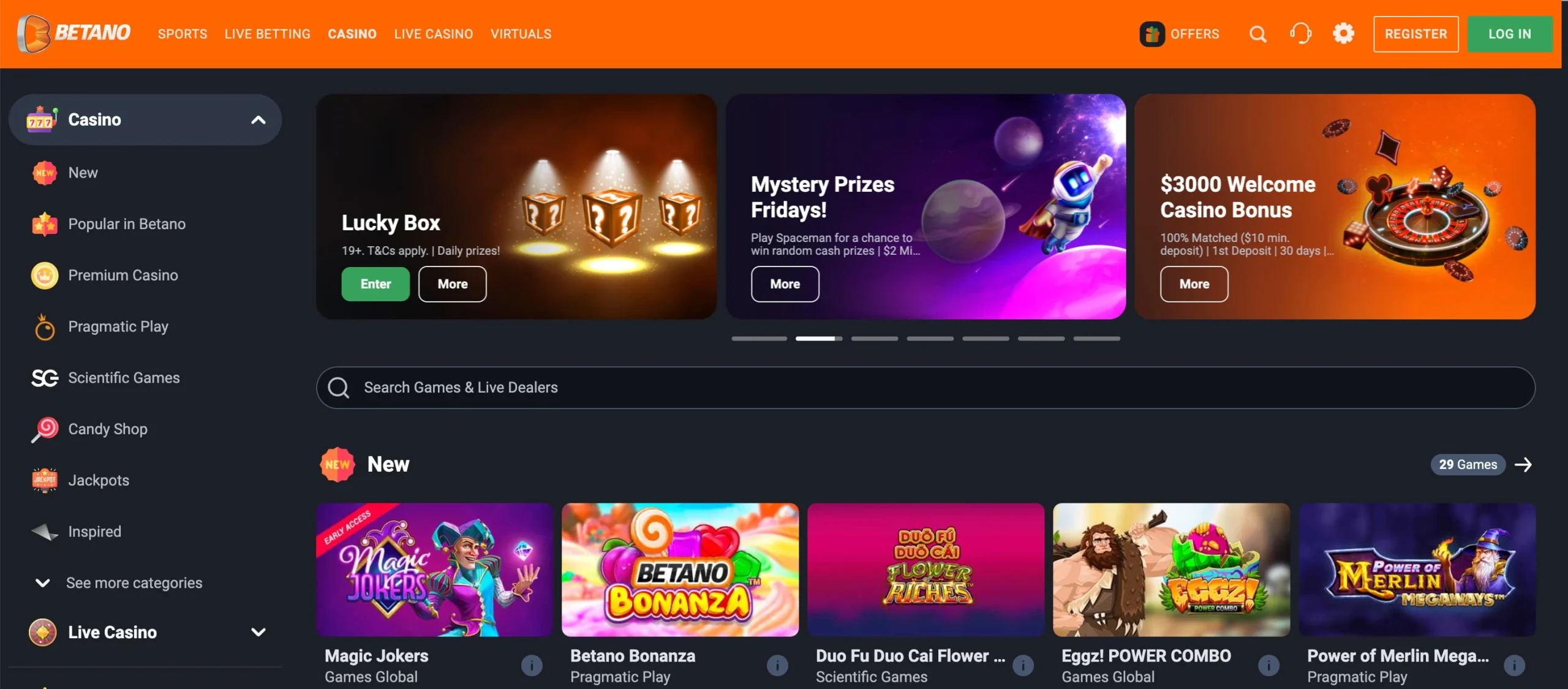 Website met overzicht van de Betano Casino Banner.
