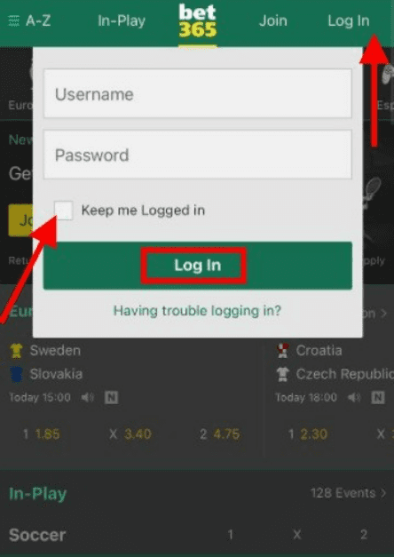Bet365 login app gedetailleerde instructies met pijlen.