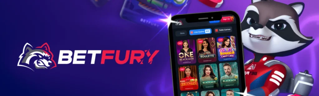 Banner principale dell'app BetFury con l'app sul telefono.