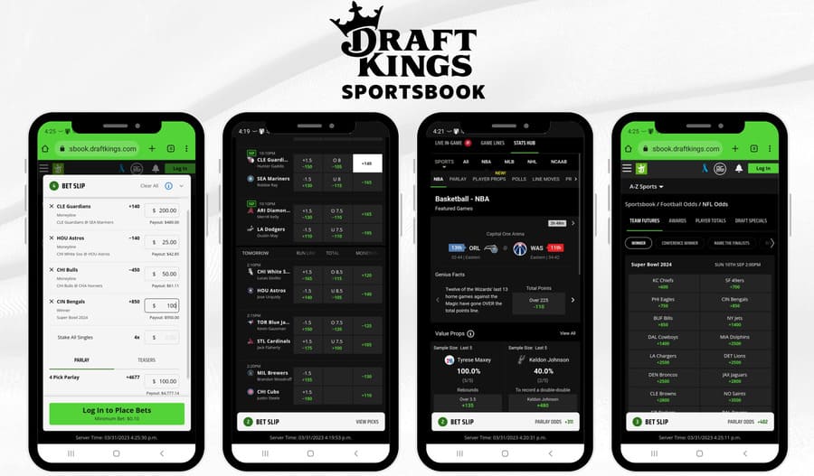 Draftkings Sportwetten-App auf vier Mobiltelefonen.