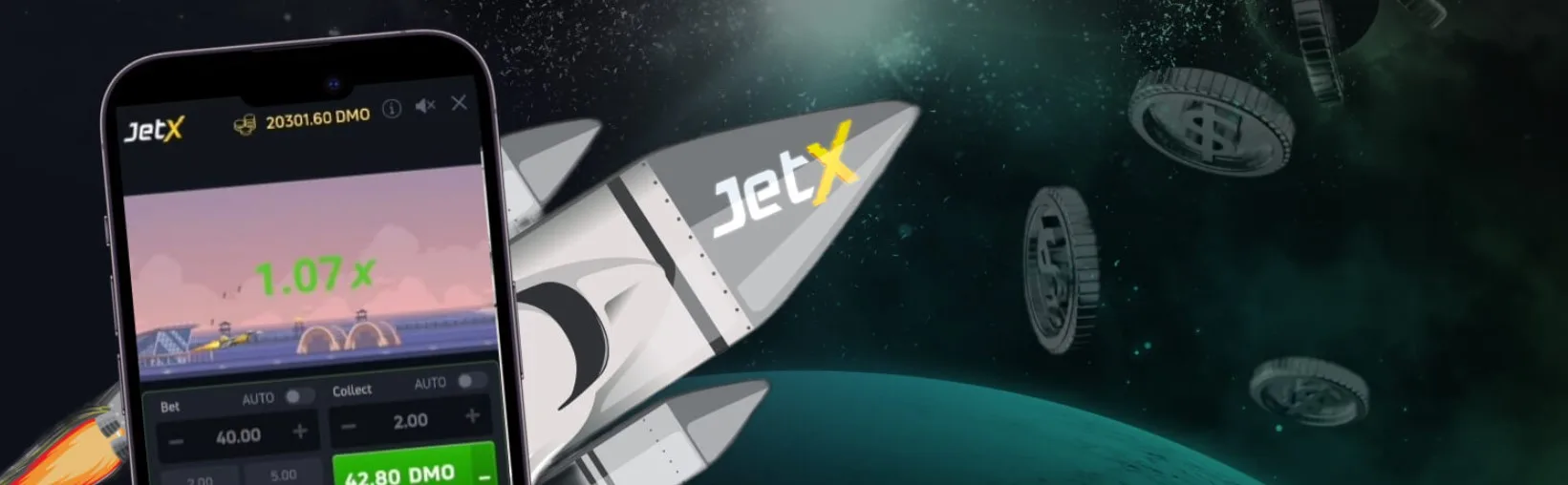 JetX App PromoBanner with rocket.