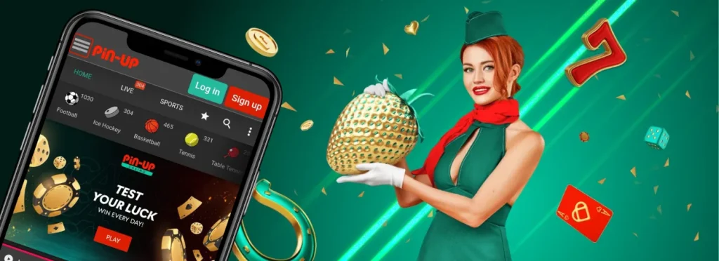 Pin-up App promo banner with woman and phone.