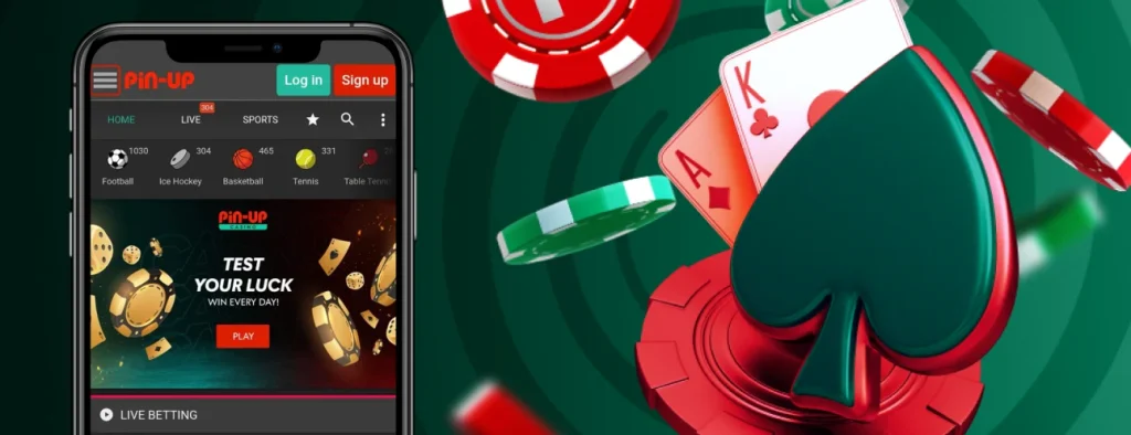 Pin up App Banner with Phone and poker items.