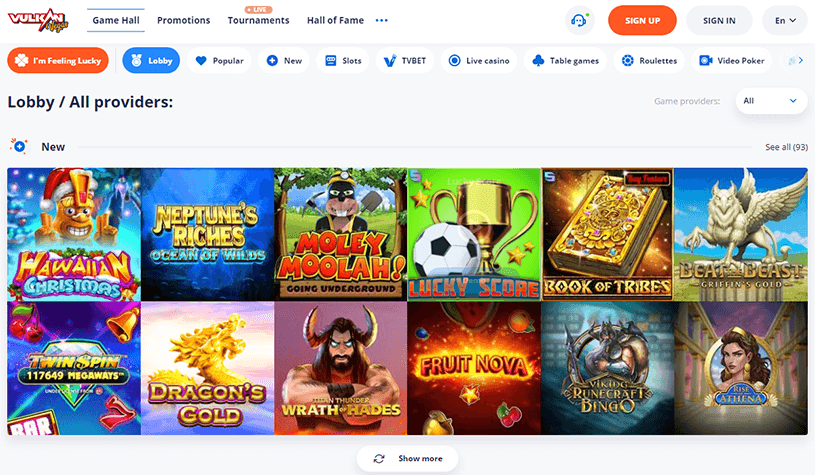 Vulkan Vegas casino website with the games.