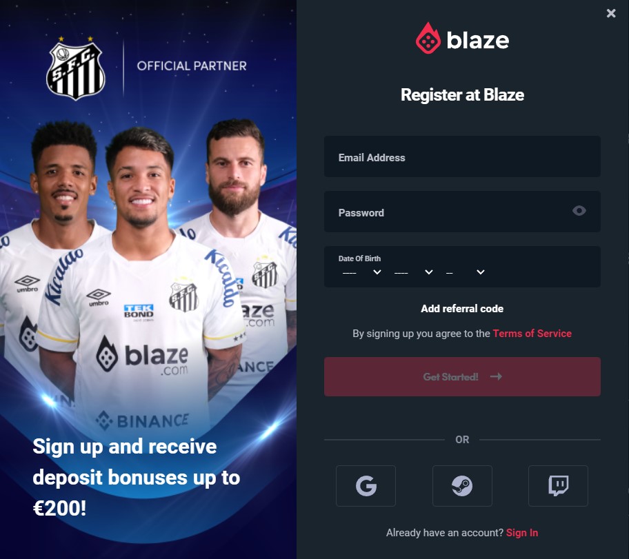 Processo de registro do aplicativo Blaze por meio do site.