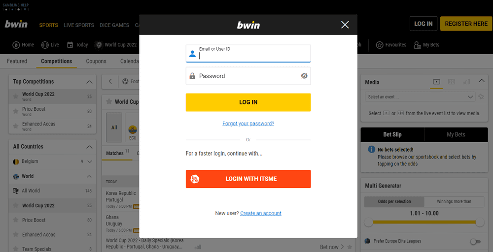 Bwin app login process through the website.