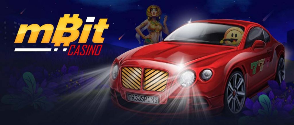 Collage di mBit Casino con auto e logo rossi.