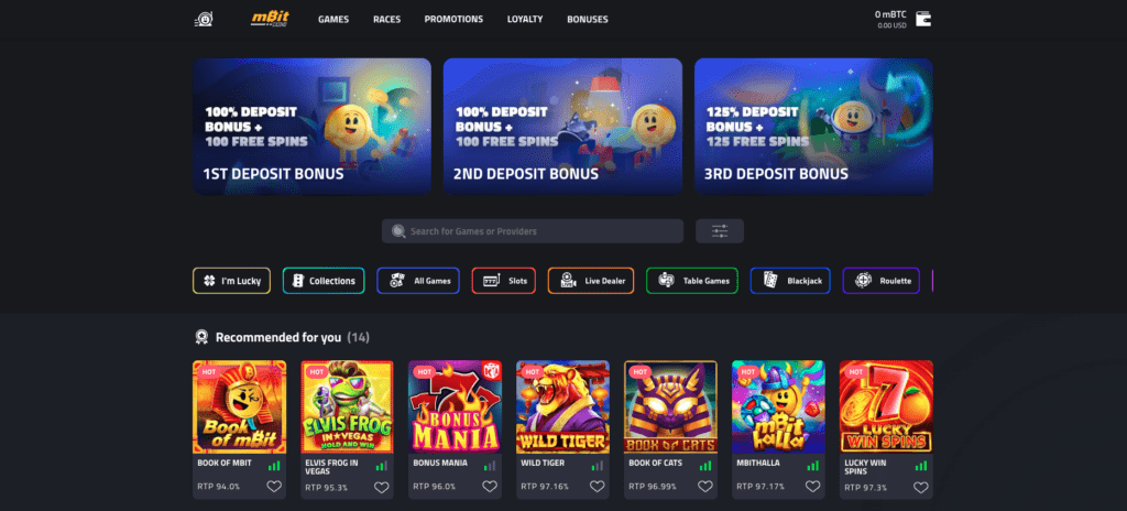 Sito ufficiale di mBit Casino con l'elenco dei giochi.