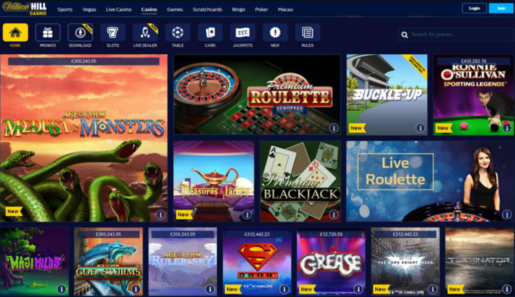 William Hill Casino App mit der Liste der Spiele.
