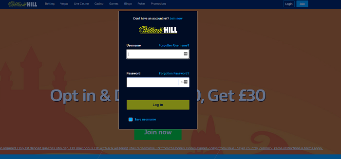 William Hill App in das Konto einloggen.