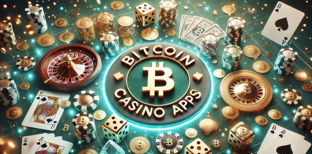 Bitcoin casino app collage with gambling elements.