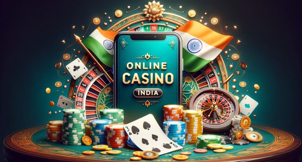 India casino app collage with phone and flags.