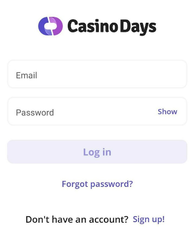 Inicio de sesión en Casino Days a través de la aplicación.