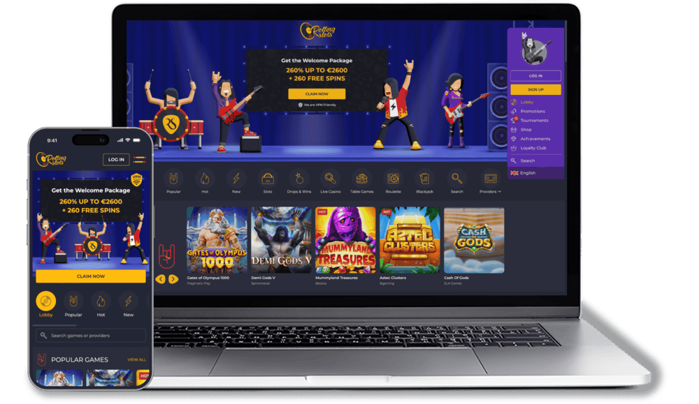 Rolling Slots App auf Mobiltelefon und PC.