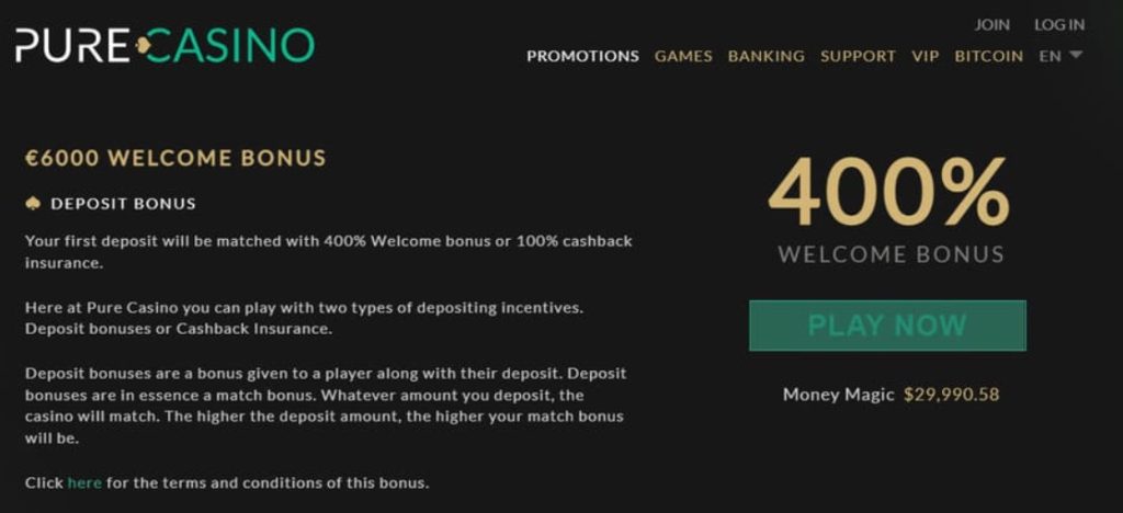 pure casino welcome bonus.